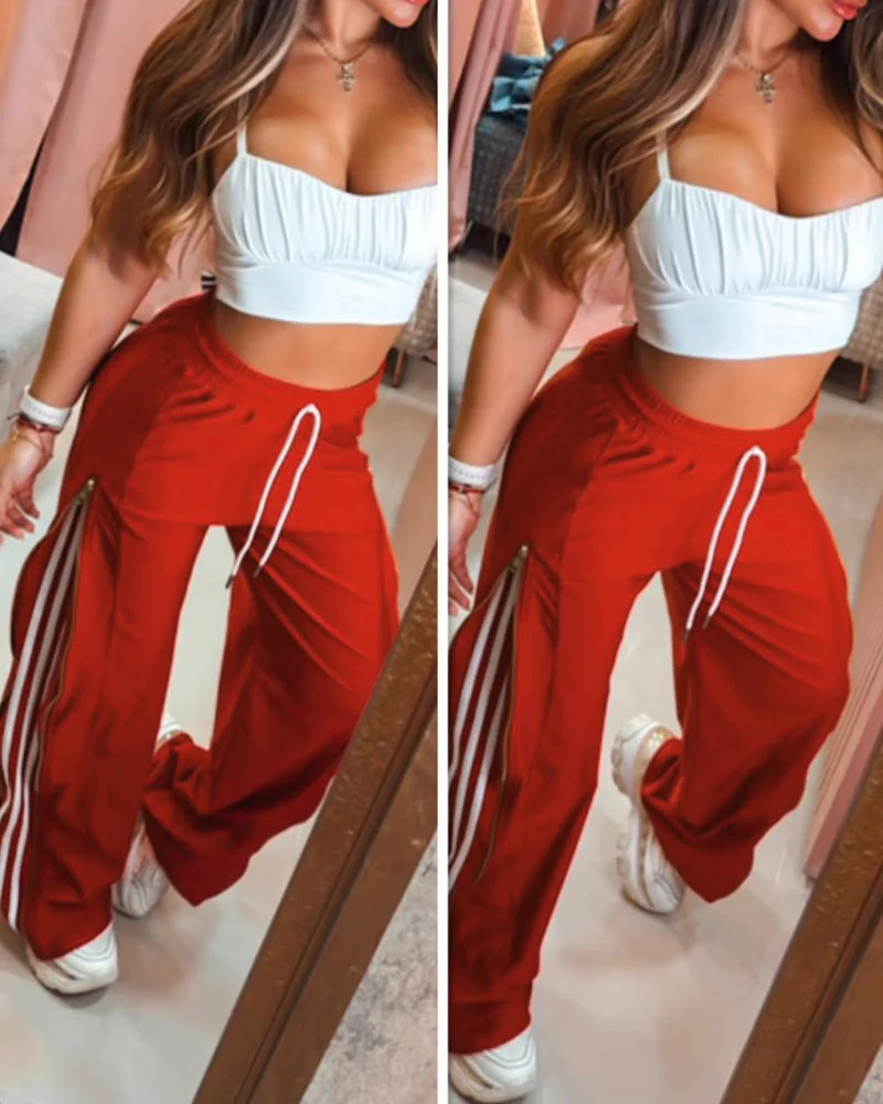 Contrast Side Striped & Zipper Slit Side Drawstring Elastic Waist Trousers Casual Wide Leg Pants - Image 34