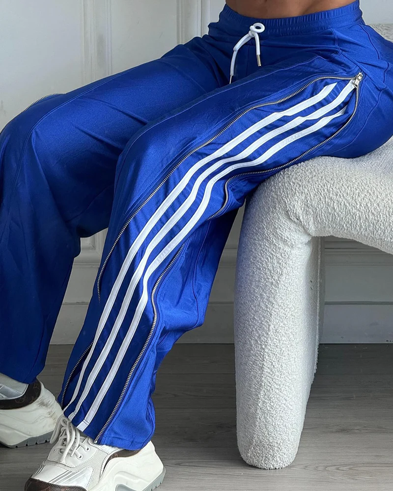 Contrast Side Striped & Zipper Slit Side Drawstring Elastic Waist Trousers Casual Wide Leg Pants - Image 7