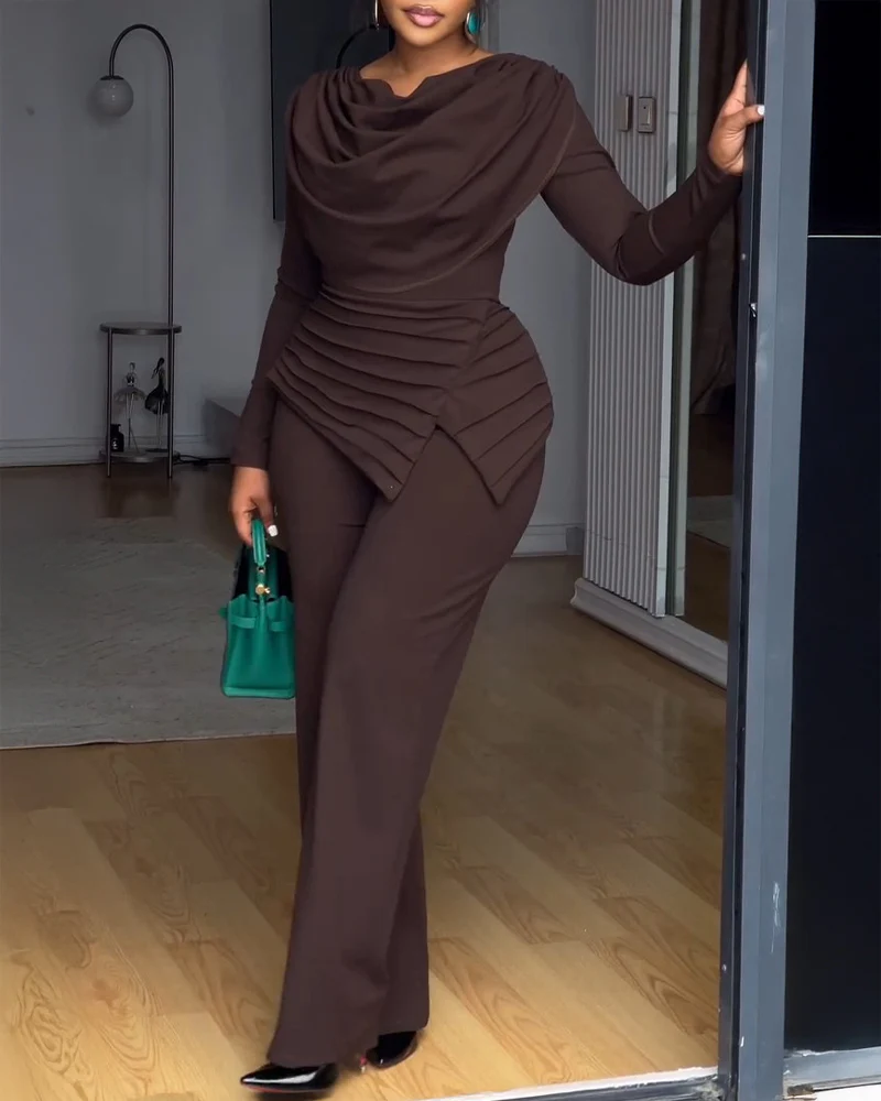 Cowl Neck Asymmetrical Textured Patchwork Cinched Waist Jumpsuit Casual Zipper Back Wide Leg Jumpsuit - Image 5
