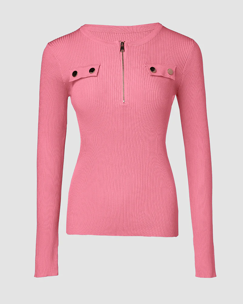 Crewneck Half Zipper Flap Detail Knit Sweater Long Sleeve Slim Fit Ribbed Pullover Top - Image 14