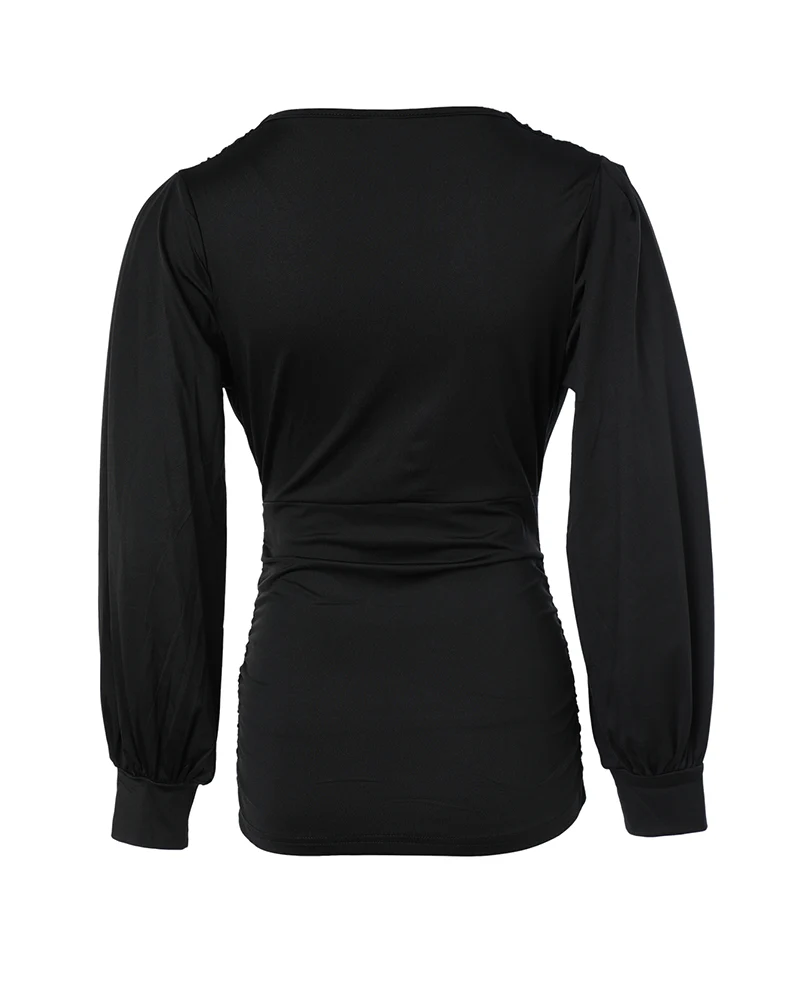 Deep V-Neck Lantern Sleeve Ruched Blouse Casual Slim Fit Top - Image 42