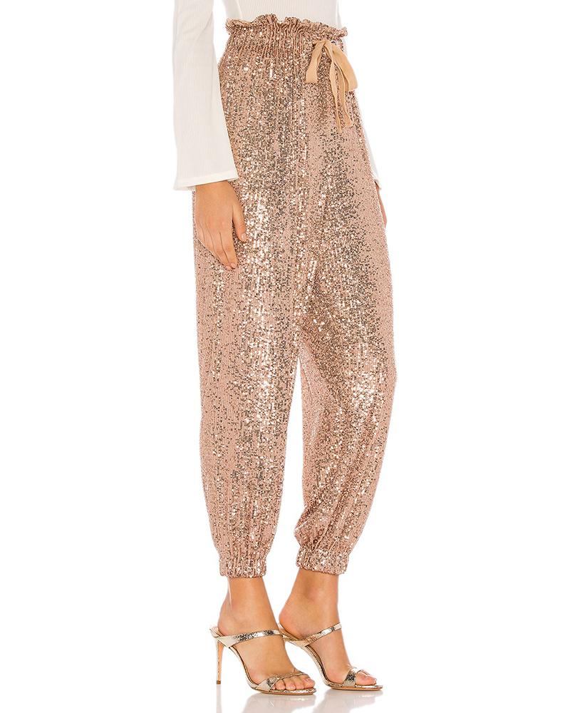 Drawstring Design Allover Shiny Sequins Cuffed Pants Partywear - Image 2