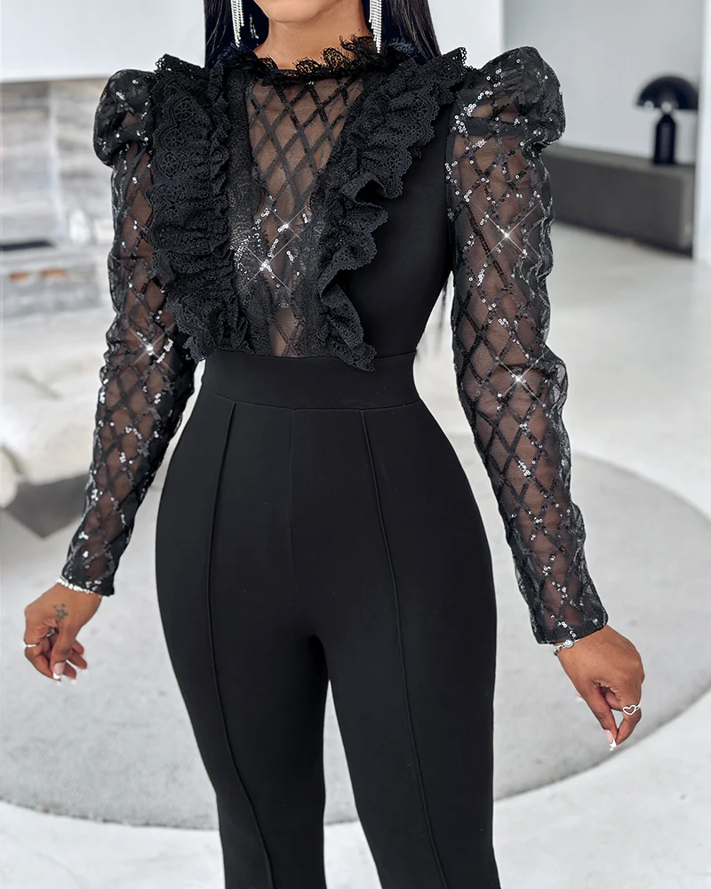 Elegant Mesh See Through Long Sleeve Jumpsuits Contrast Lace Sequin Patch Casual Overalls - Image 12