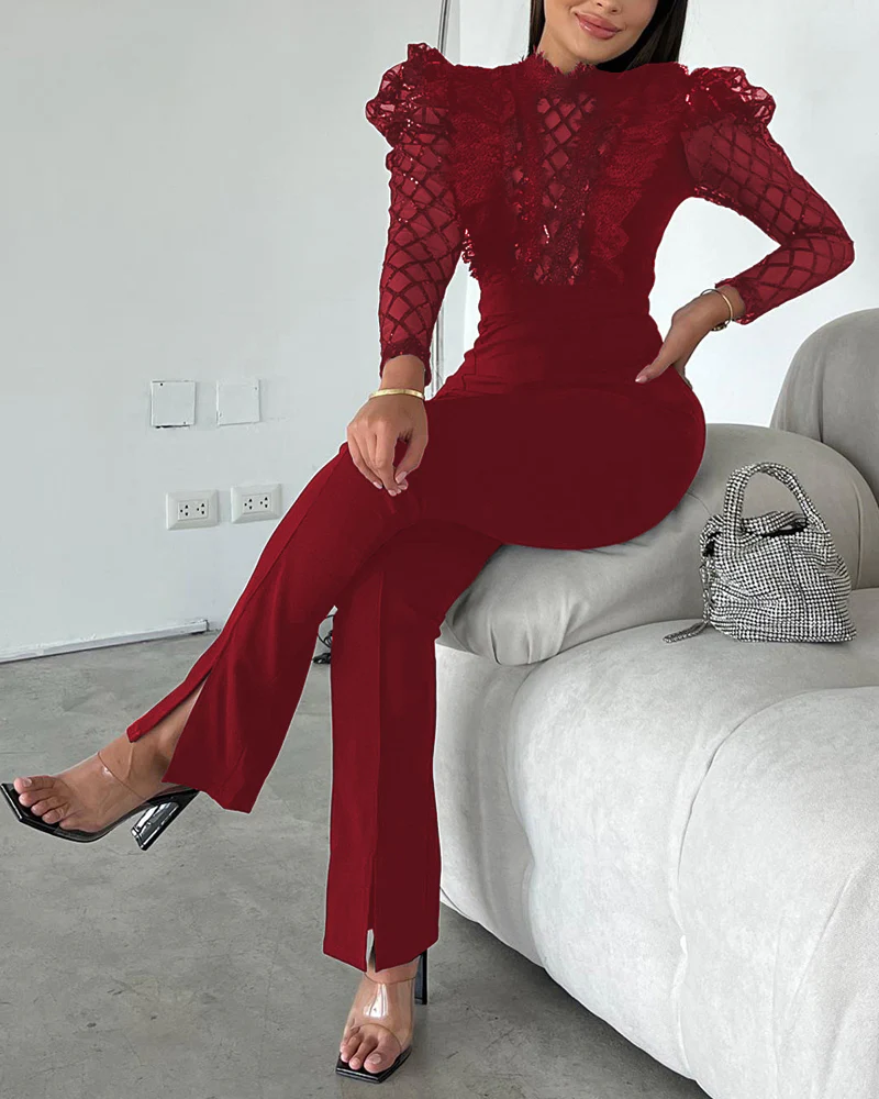 Elegant Mesh See Through Long Sleeve Jumpsuits Contrast Lace Sequin Patch Casual Overalls - Image 18