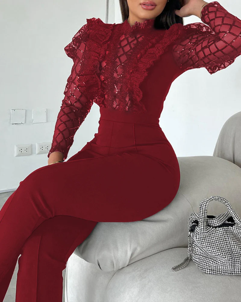 Elegant Mesh See Through Long Sleeve Jumpsuits Contrast Lace Sequin Patch Casual Overalls - Image 20