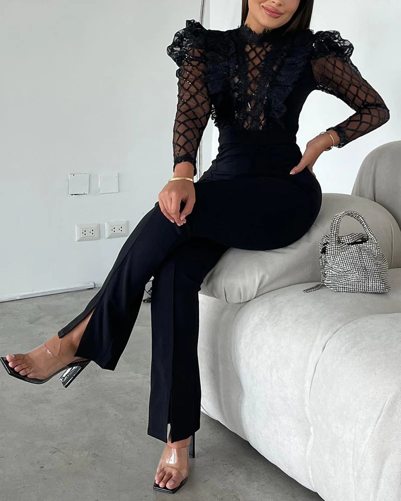 Elegant Mesh See Through Long Sleeve Jumpsuits Contrast Lace Sequin Patch Casual Overalls - Image 3
