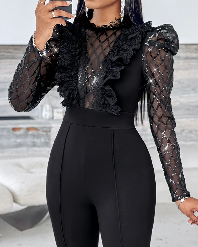 Elegant Mesh See Through Long Sleeve Jumpsuits Contrast Lace Sequin Patch Casual Overalls - Image 4