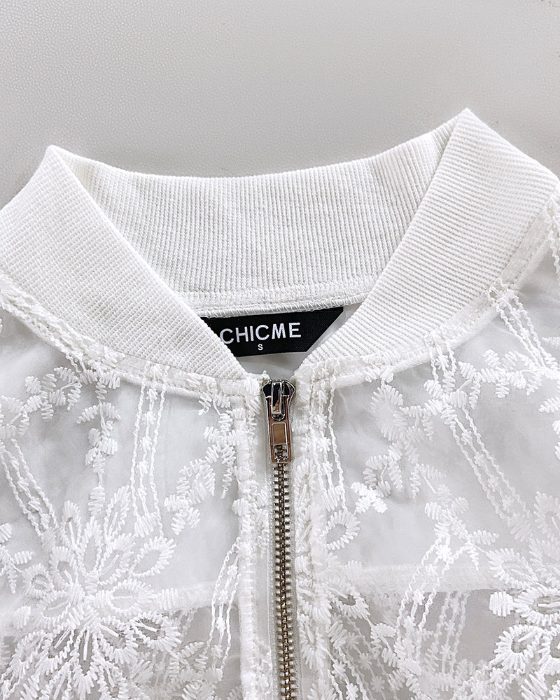 Floral Lace Embroidered Mesh Patchwork High-Low Hem Baseball Coat Casual Side Slit Zip Up Bomber Jacket - Image 3