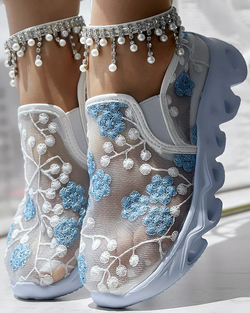 Floral Pattern Sheer Mesh Patch Round Toe Sneakers - Image 5