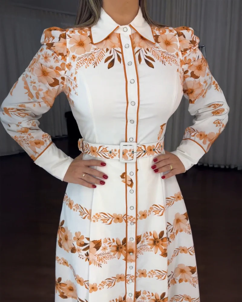 Floral Placement Print Turn-down Collar Puff Sleeve Vacation Dress Casual Button Down Shirt Dress With Belt and Lining - Image 8