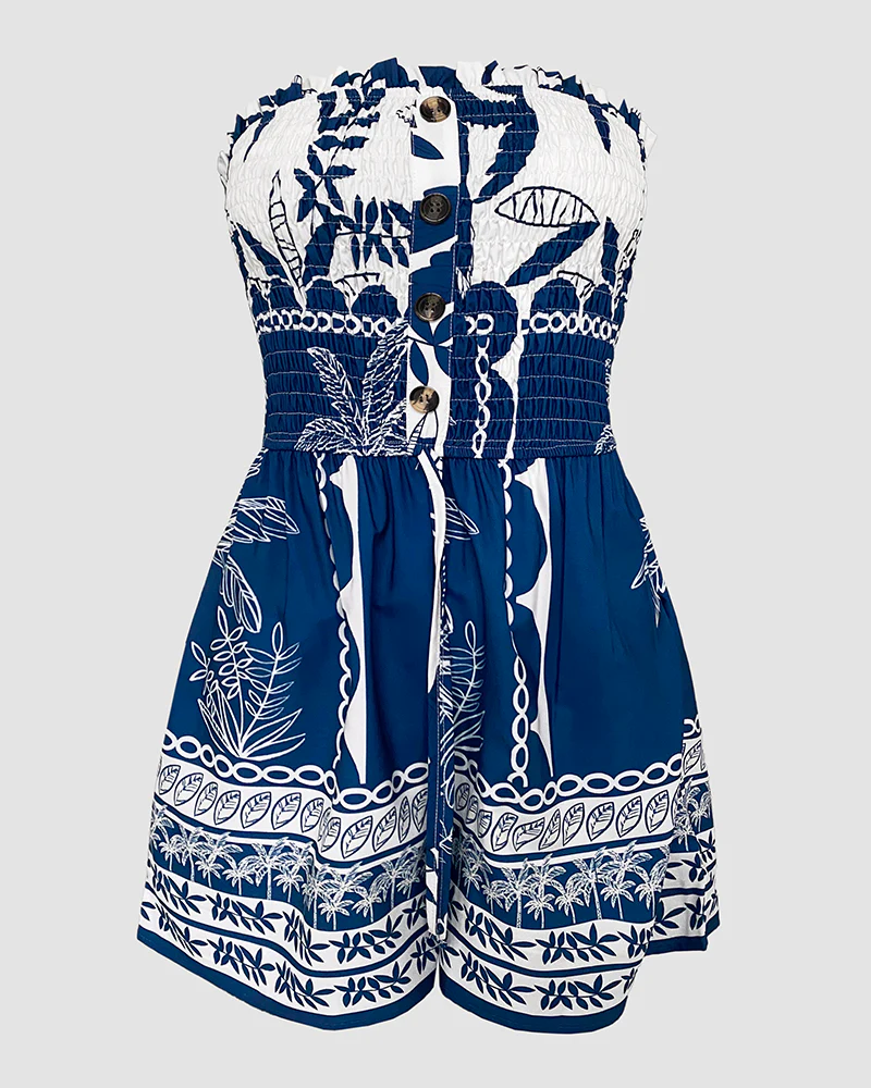 Floral Print Bandeau Shirred Romper Casual Button Decor Short Jumpsuit - Image 4