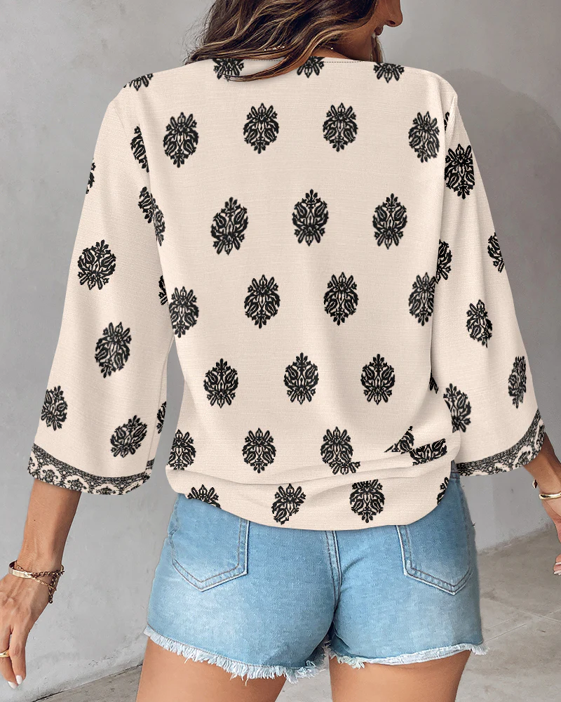 Floral Print V Neck Long Sleeve Blouse Casual Loose Fit Top - Image 17
