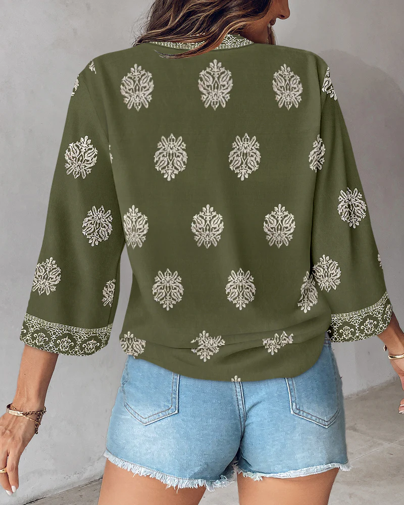Floral Print V Neck Long Sleeve Blouse Casual Loose Fit Top - Image 2