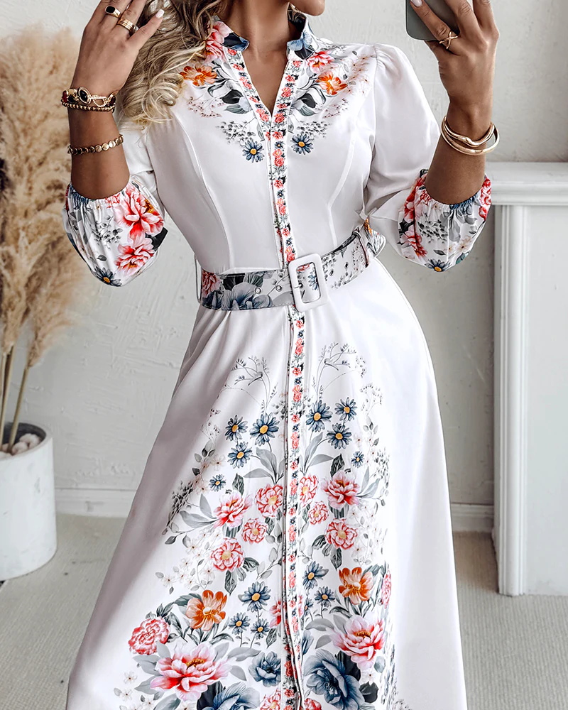 Floral Print V Neck Three Quarters Tied Detail Blouse Dress Casual A Line Slim Fit Maxi Dress - Image 5