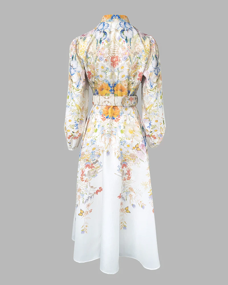 French Style Floral Print Stand Collar Lantern Sleeve Button Down Evening Dress Cinched Waist Vacation Dress with Belt - Image 5
