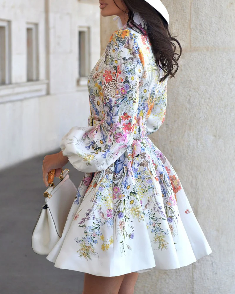 French Style Floral Print Stand Collar Lantern Sleeve Mixed-shape Button Down Dress Elegant Palace Style Cinched Waist Umbrella Hem Dress with Belt - Image 6