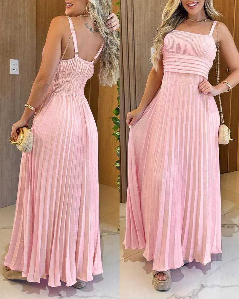 French Style Square Neck Adjustable Straps Backless Cami Maxi Dress Casual Cinched Waist Shirred Back Pleated Vacation Dress - Image 6