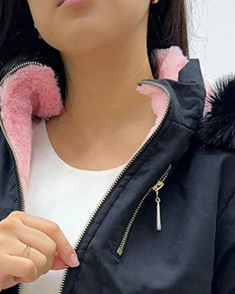 Fuzzy Trim Jacket Hooded Zip Up Fleece Lined Coat Outwear with Pockets - Image 24