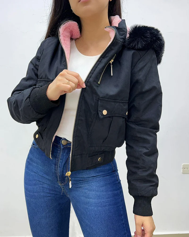 Fuzzy Trim Jacket Hooded Zip Up Fleece Lined Coat Outwear with Pockets - Image 27