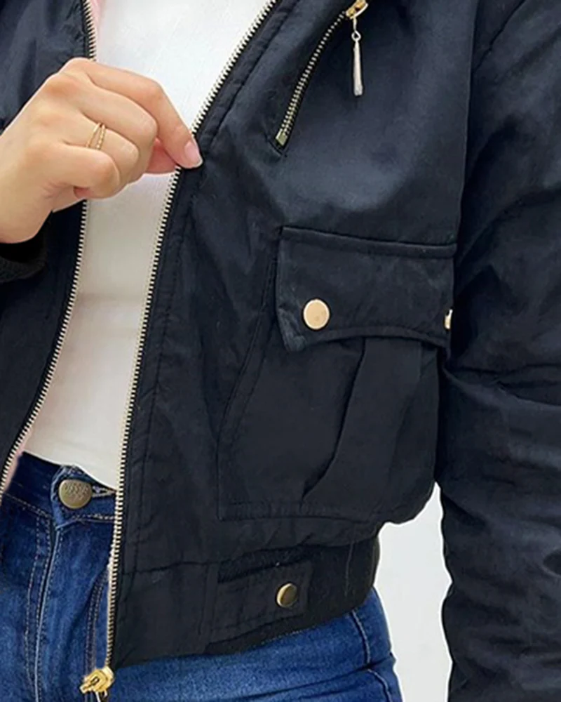 Fuzzy Trim Jacket Hooded Zip Up Fleece Lined Coat Outwear with Pockets - Image 29