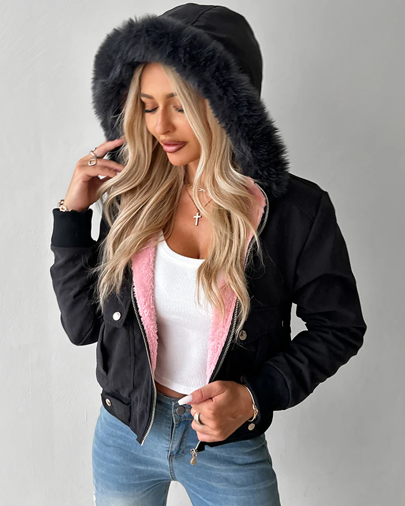 Fuzzy Trim Jacket Hooded Zip Up Fleece Lined Coat Outwear with Pockets - Image 35