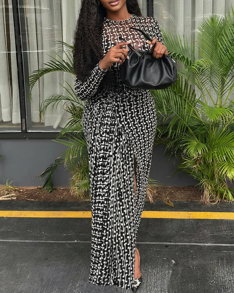 Geometric Print Long Sleeve Waist Tied Detail Maxi Dress Casual Slim Fit Slit Vacation Dress - Image 4