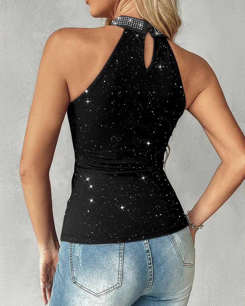 Glitter Keyhole Neck Sleeveless Criss Cross Front Asymmetrical Hem Tee Casual Rhinestone Decor Ruched Cinched Waist Top - Image 2