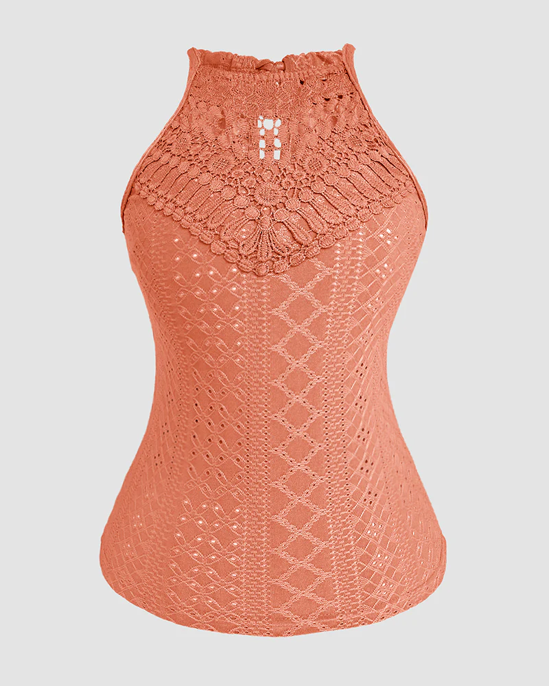 Halter Lace Up Water Soluble Lace Trim Sleeveless Tank Jacquard Casual Slim Fit Knit Top - Image 5