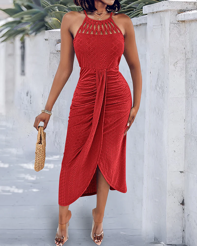Halter Tie Criss Cross Front Knit Jacquard Textured Slit Dress Casual Hollow-out Draped Vacation Dress - Image 12
