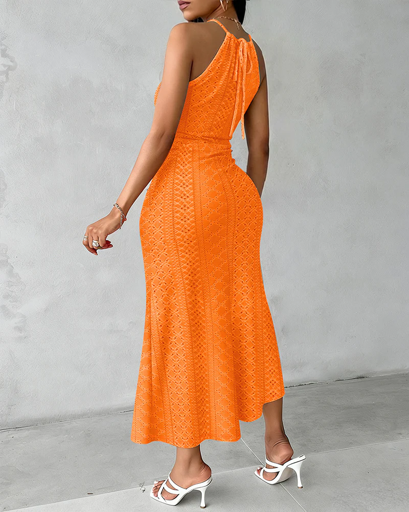 Halter Tie Criss Cross Front Knit Jacquard Textured Slit Dress Casual Hollow-out Draped Vacation Dress - Image 56