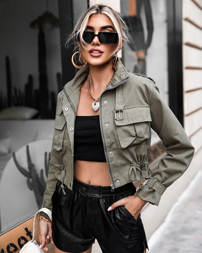 High Neck Zip Up Snap Button Front Flap Pockets Design Cargo Biker Jacket Casual Drawstring Crop Coat - Image 4