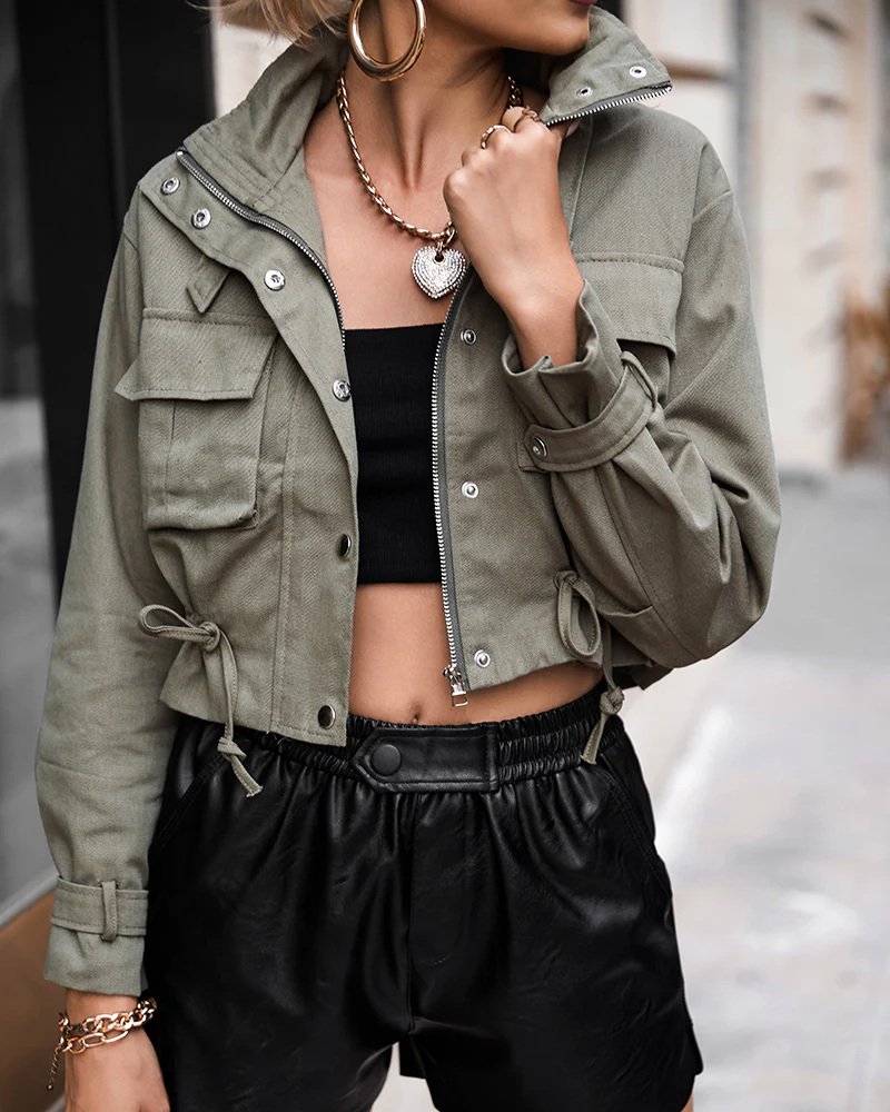 High Neck Zip Up Snap Button Front Flap Pockets Design Cargo Biker Jacket Casual Drawstring Crop Coat - Image 8
