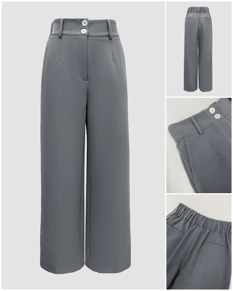 High Waist Zipper Fly Elastic Back Waist Trousers Casual Wide Leg Pants - Image 3