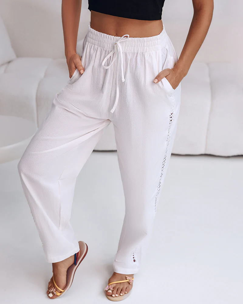 Drawstring Elastic Waist Side Hollow Out Spliced Pocket Design Casual Pants - Image 6
