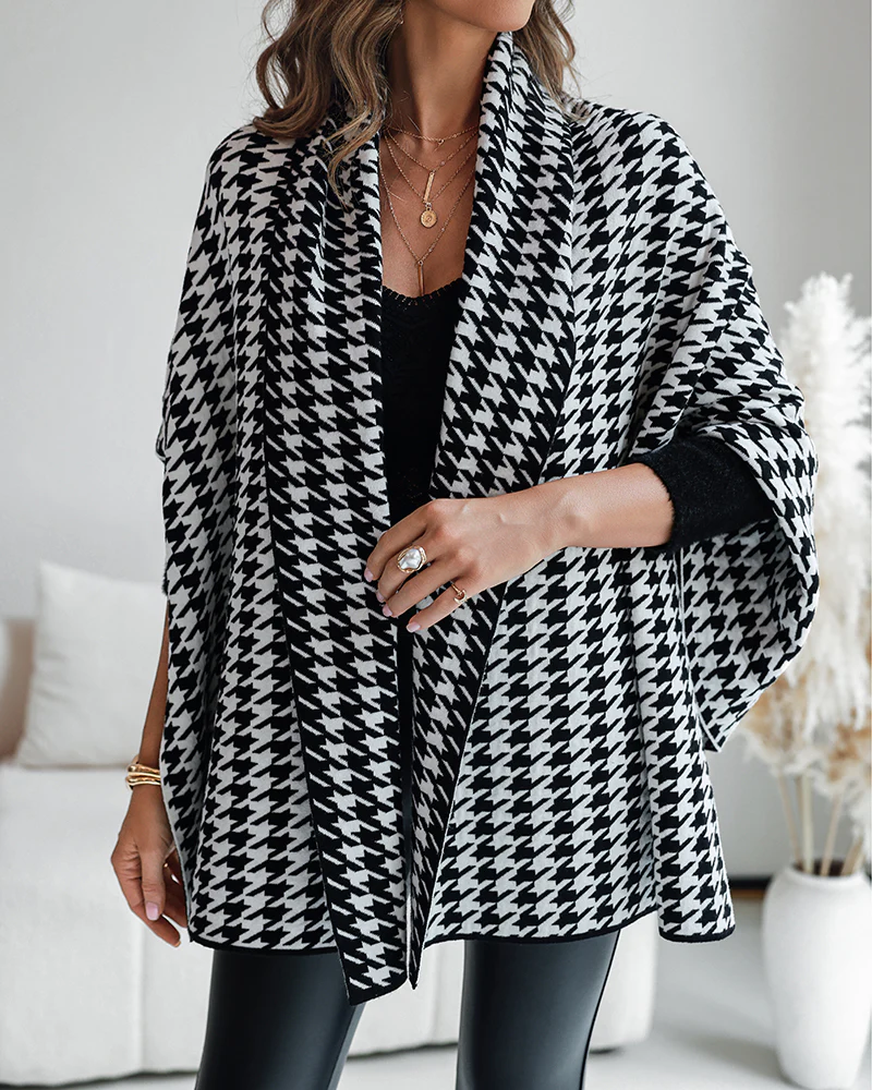 Houndstooth Print Versatile Loose Fit Sweater Coat Casual Warm Cape Shawl - Image 3
