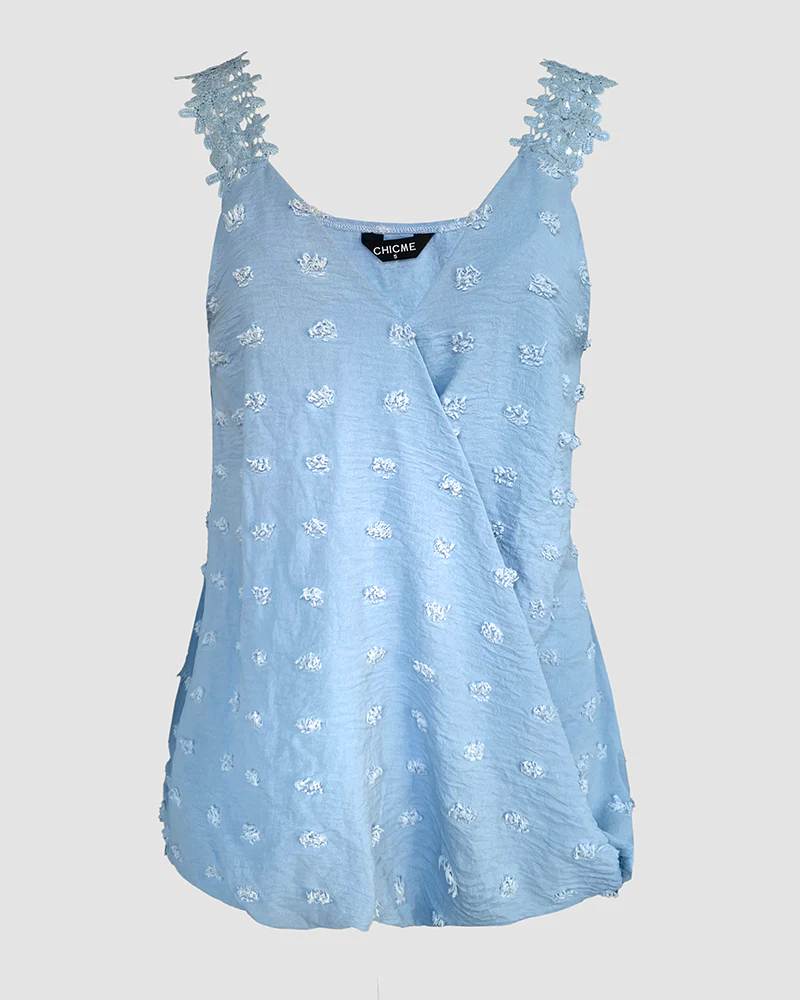 3D Decor Overlap V Neck Lace Crochet Thick Strap Tank Top - Image 4