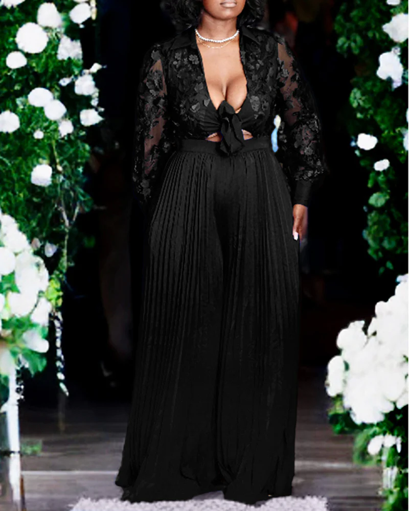Jacquard Sheer Mesh Patch Turn-down Collar Jumpsuit Elegant Waist Tied Detail Pleated Flare Romper - Image 15