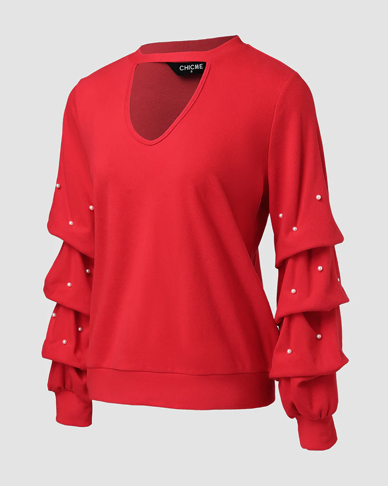 Keyhole Neck Long Sleeve Pullover Top Beaded Hollow Out Blouse Top - Image 5