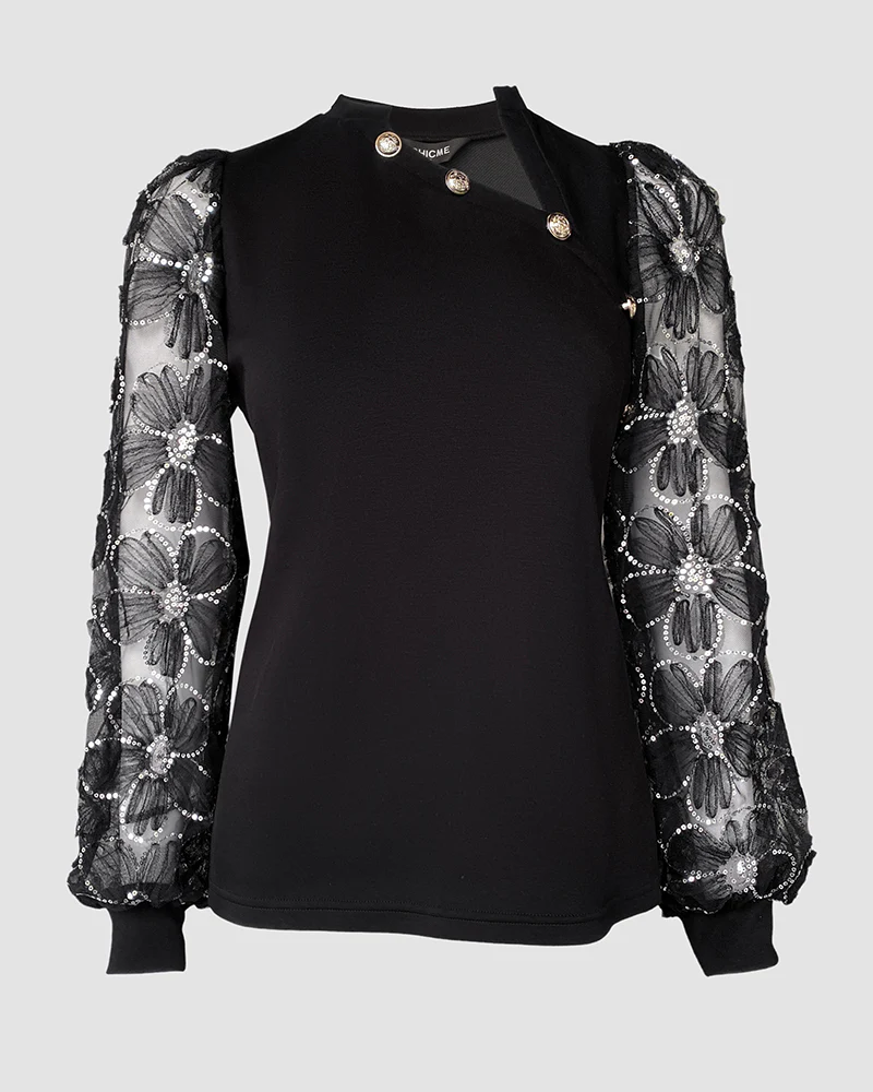 Button Decor Asymmetrical Neck Lantern Sleeve Tee Casual Sequin Decor Floral Pattern Sheer Mesh Long Sleeve Top - Image 3