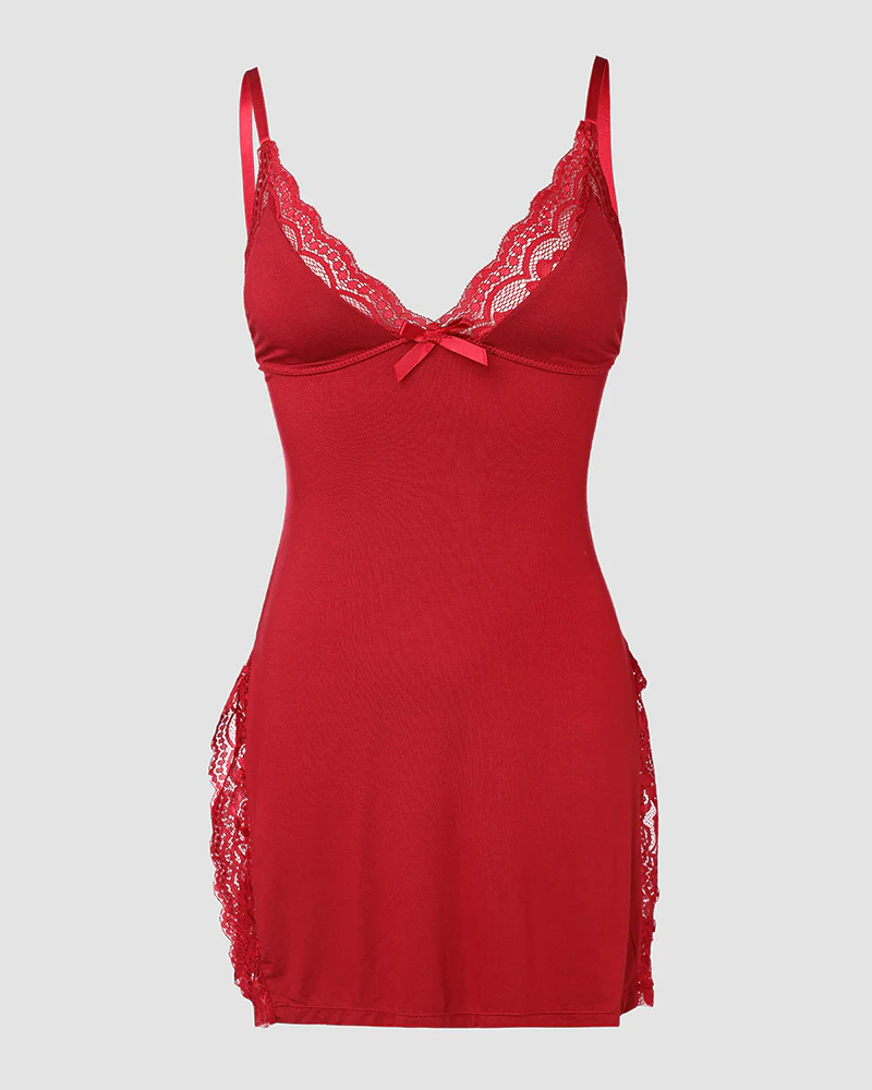 Lace Trim Adjustable Straps Side Slit Bowknot Decor Modal Cami Sleep Dress - Image 17