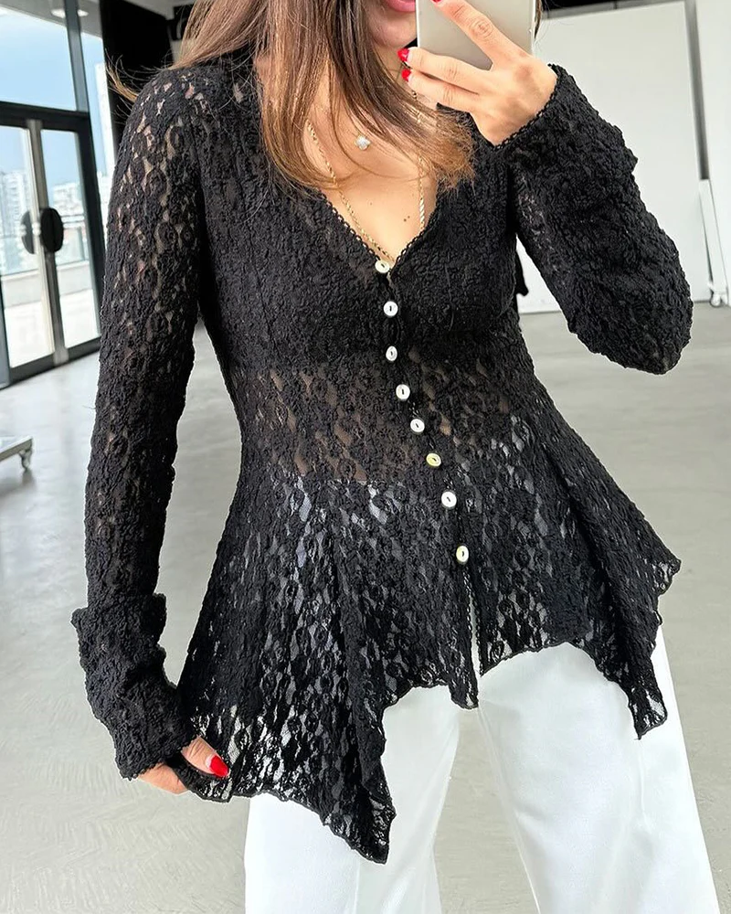 Lace Trim V Neck Button Front Blouse Elegant Asymmetrical Ruffle Hem Top - Image 8