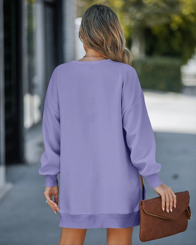 Letter Patch Detail Long Sleeve Drop Shoulder Pullover Sweatshirt Casual Zipper Side Slit Top - Image 10
