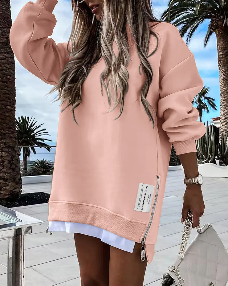 Letter Patch Detail Long Sleeve Drop Shoulder Pullover Sweatshirt Casual Zipper Side Slit Top - Image 25