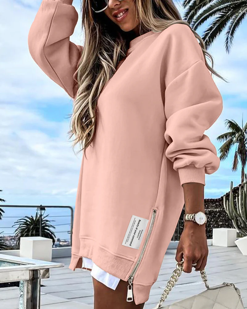 Letter Patch Detail Long Sleeve Drop Shoulder Pullover Sweatshirt Casual Zipper Side Slit Top - Image 26
