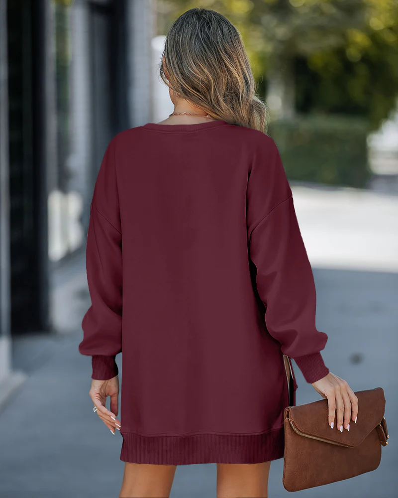 Letter Patch Detail Long Sleeve Drop Shoulder Pullover Sweatshirt Casual Zipper Side Slit Top - Image 53