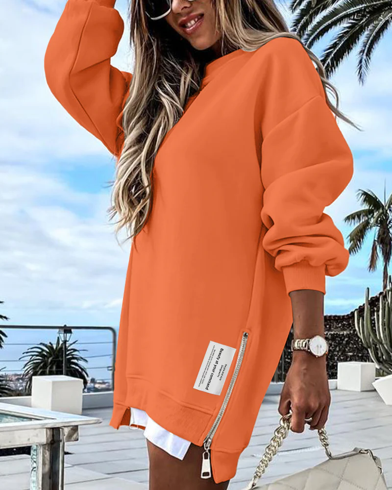 Letter Patch Detail Long Sleeve Drop Shoulder Pullover Sweatshirt Casual Zipper Side Slit Top - Image 68