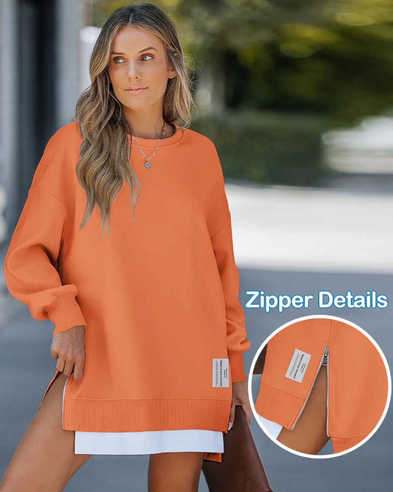 Letter Patch Detail Long Sleeve Drop Shoulder Pullover Sweatshirt Casual Zipper Side Slit Top - Image 70
