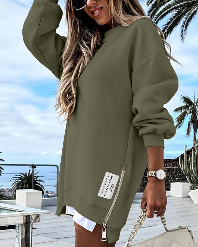 Letter Patch Detail Long Sleeve Drop Shoulder Pullover Sweatshirt Casual Zipper Side Slit Top - Image 73