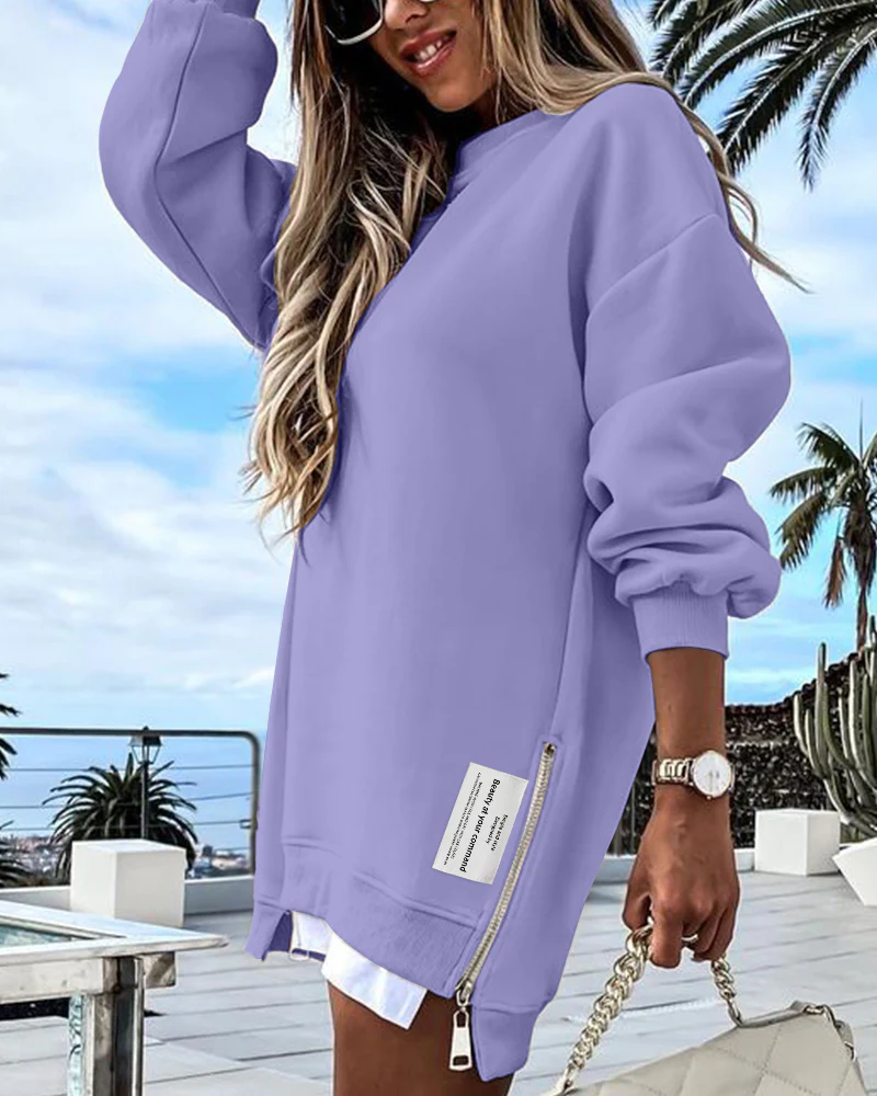 Letter Patch Detail Long Sleeve Drop Shoulder Pullover Sweatshirt Casual Zipper Side Slit Top - Image 8