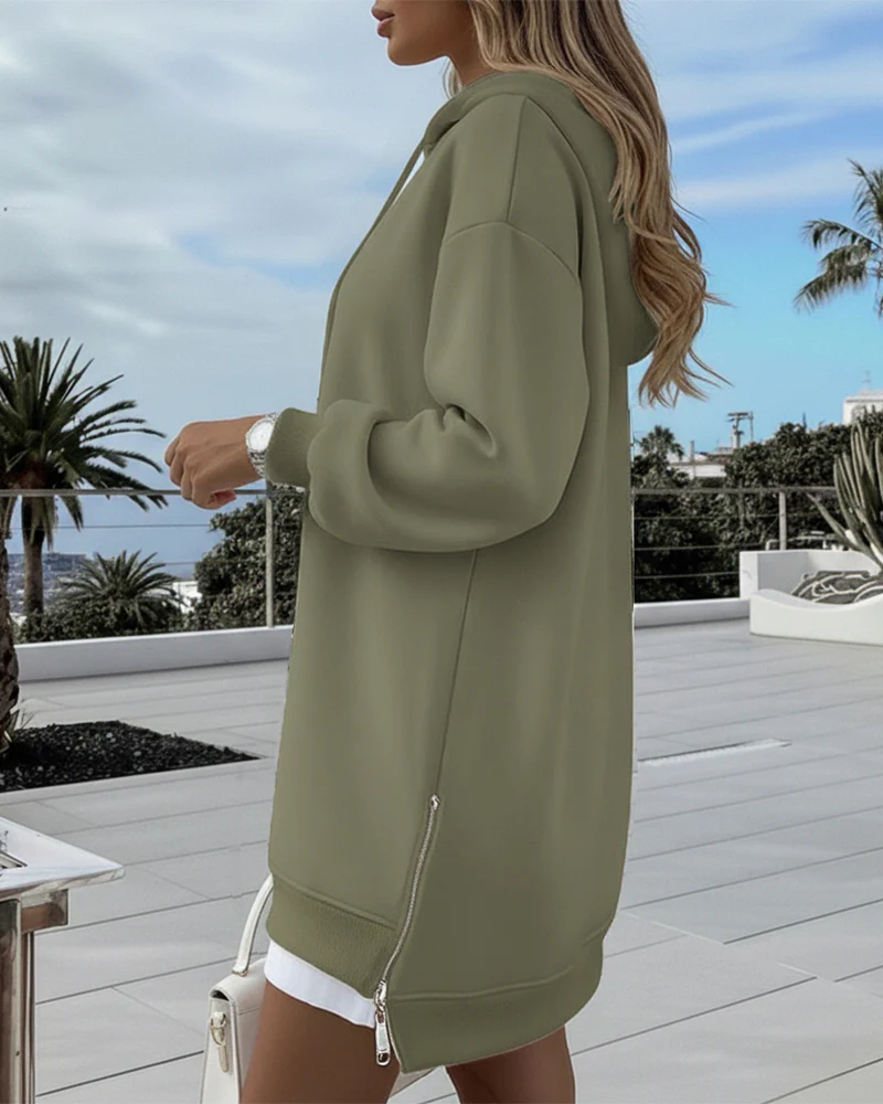 Long Sleeve Pocket Design Pullover Sweatshirt Casual Faux Two Piece Longline Drawstring Hooded Top - Image 10